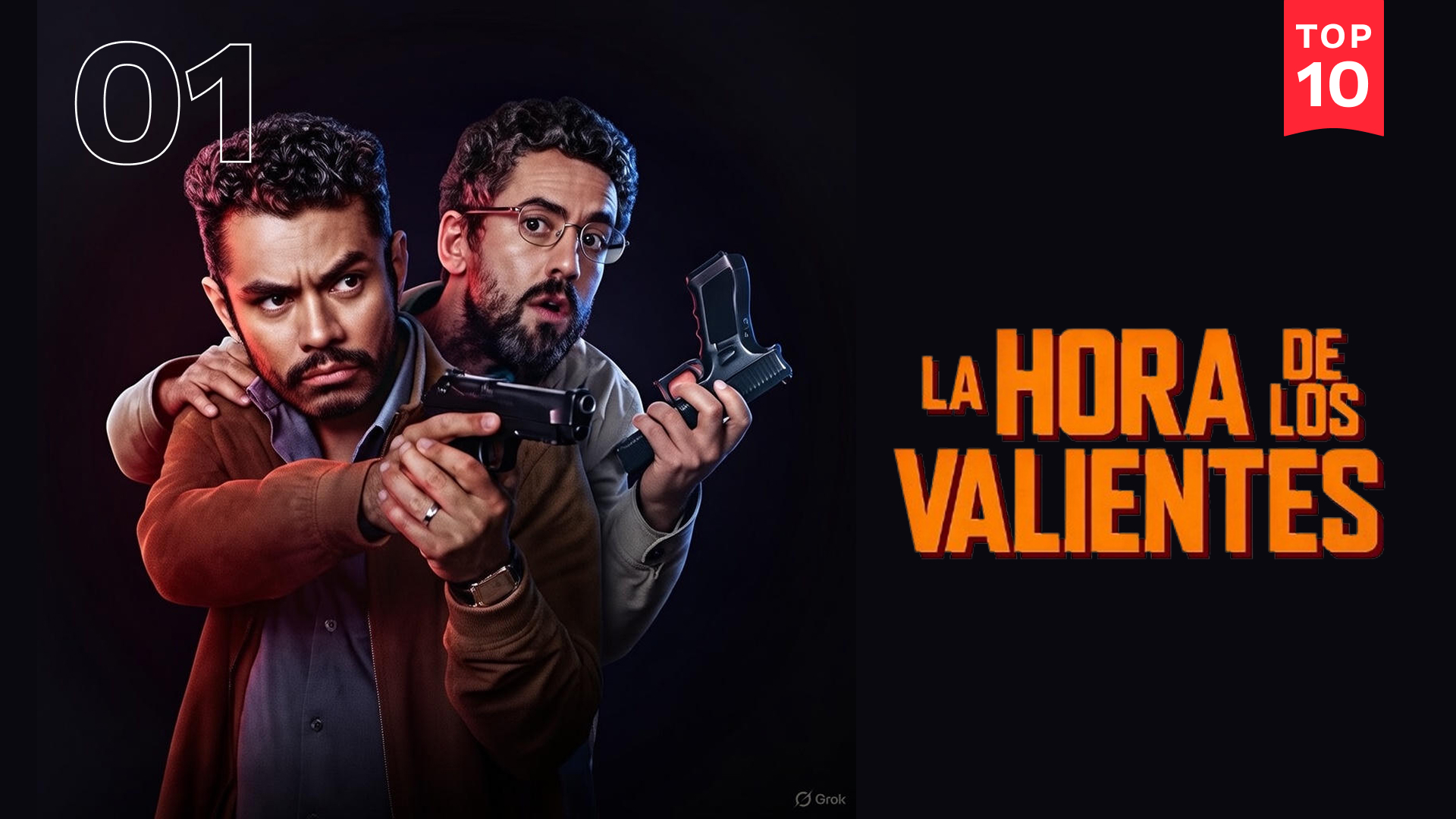 Los actores Luis Gerardo Méndez y Memo Villegas aparecen en primer plano, armados y con expresiones de tensión, en este cartel promocional. Corresponde a la película de Netflix 'La hora de los valientes', dirigida por Ariel Winograd y producida por K&S Films.
