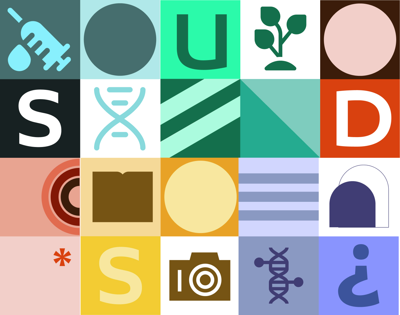 Mosaico de íconos del rebranding de Insud, con símbolos de ciencia, agro, cultura y salud.